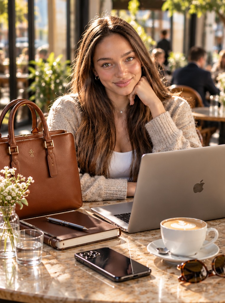 Dieselbe Person in einem eleganten Café mit Laptop und Ledertasche